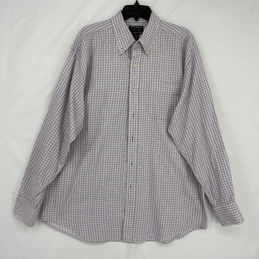 Colours Alexander Julian Mens XL Button Down Shirt White Pastel Plaid Check LS